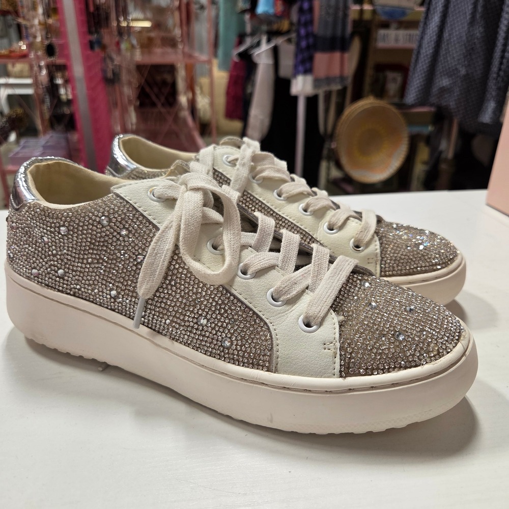 Steve Madden Blade-R Rhinestone Sneakers White Silver Crystal Platform Shoes 8M
